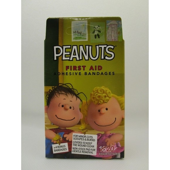 NEW, PEANUTS ADHESIVE BANDAGES BANDAIDS, BOX OF 20, CHARLIE BROWN & GANG - Picture 2 of 2